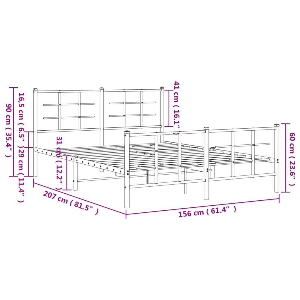 Cadre de lit métal sans matelas avec pied de lit noir 150x200cm - XIOS