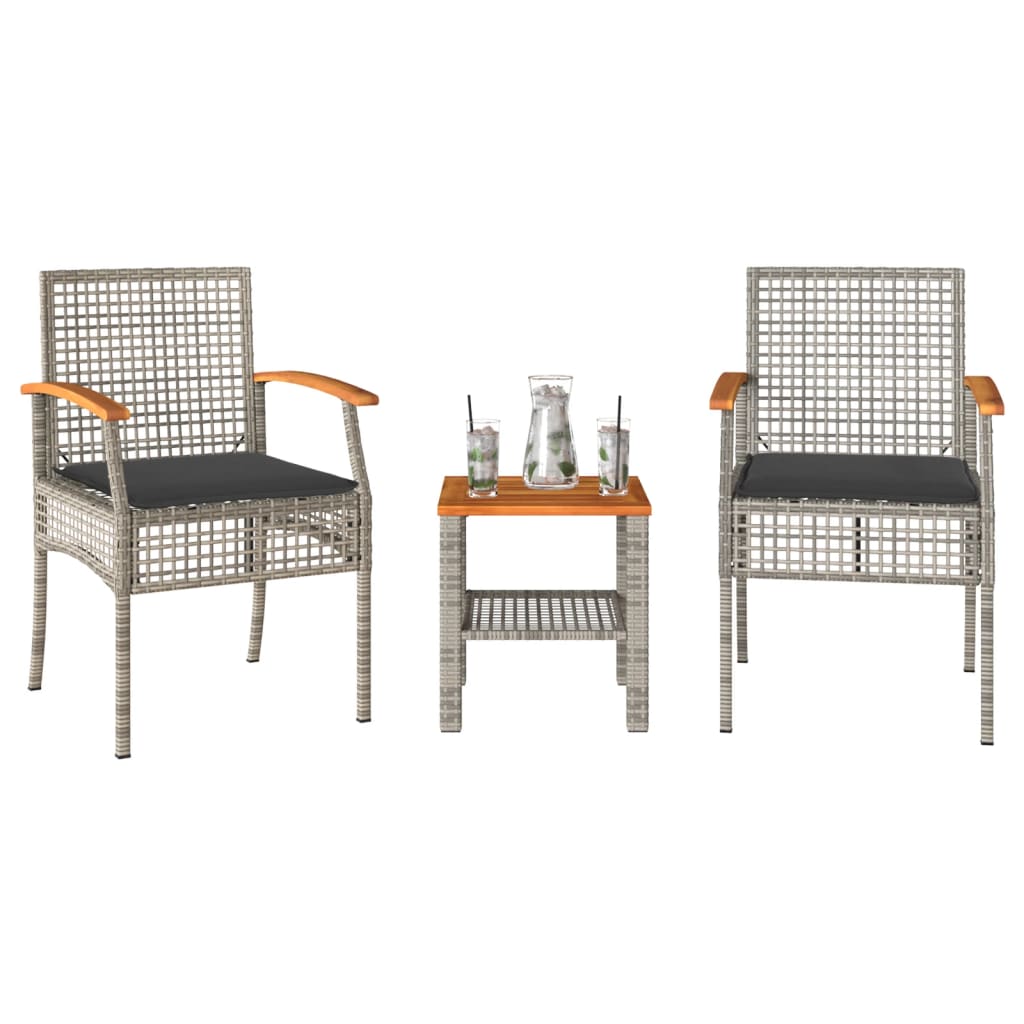 Ensemble de bistro 3 pcs et coussins gris résine tressée acacia - XIOS