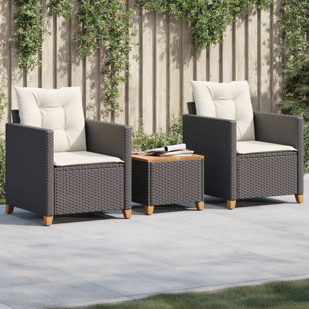 Ensemble de bistro 3 pcs et coussins noir résine tressée acacia - XIOS