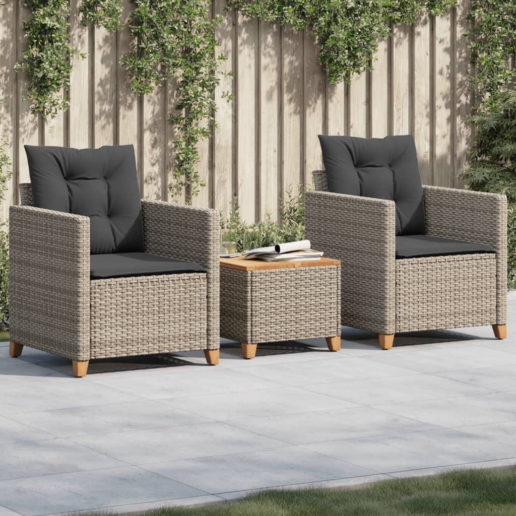 Ensemble de bistro 3 pcs et coussins gris résine tressée acacia - XIOS