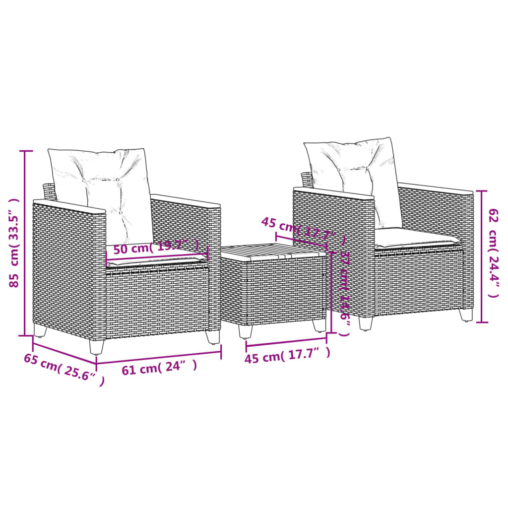 Ensemble de bistro 3 pcs et coussins gris résine tressée acacia - XIOS
