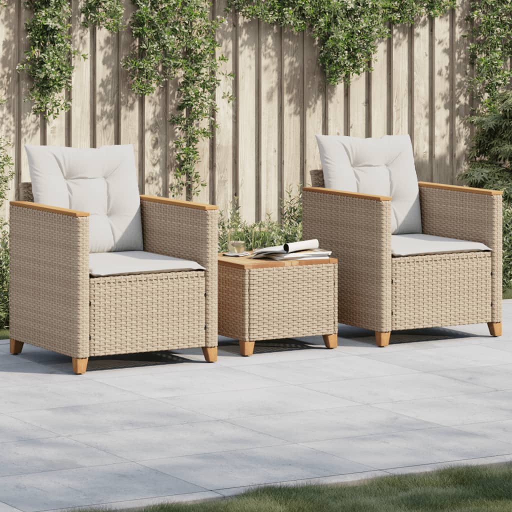 Ensemble de bistro 3 pcs coussins beige résine tressée acacia