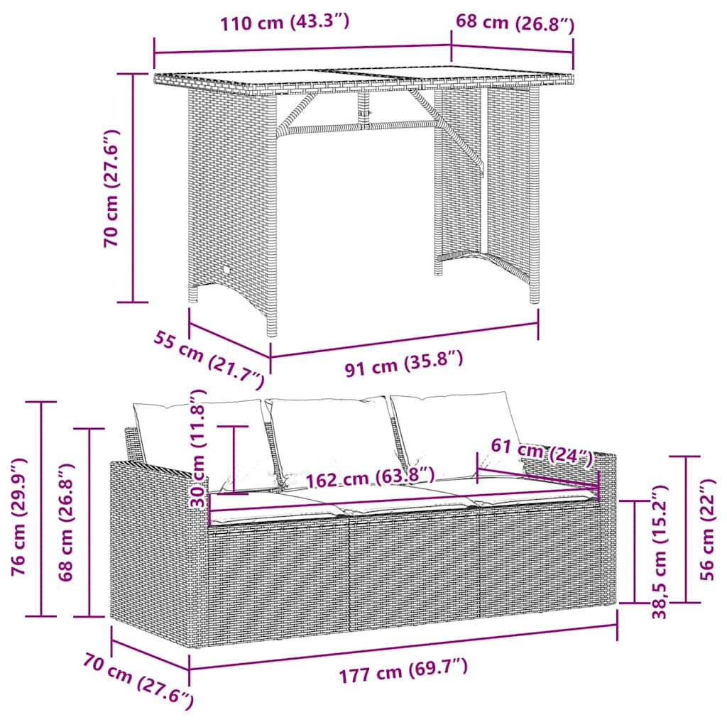 Ensemble à manger de jardin coussins 2pcs noir résine tressée - XIOS