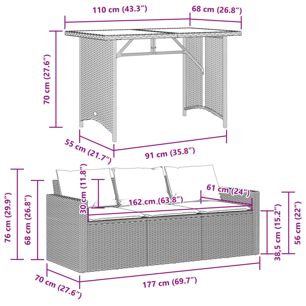 Ensemble à manger de jardin et coussins 2 pcs gris clair rotin - XIOS