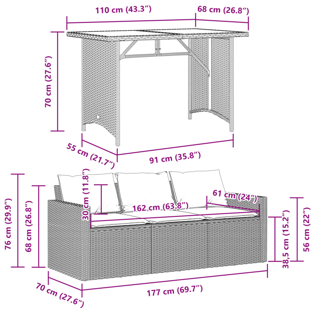 Ensemble à manger de jardin et coussins 2 pcs gris rotin - XIOS