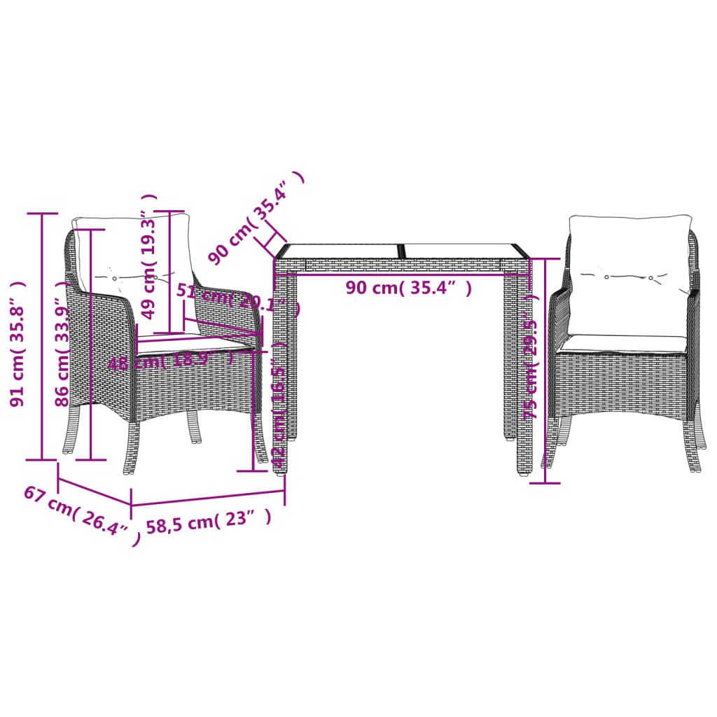 Ensemble à manger de jardin avec coussins 3 pcs Noir