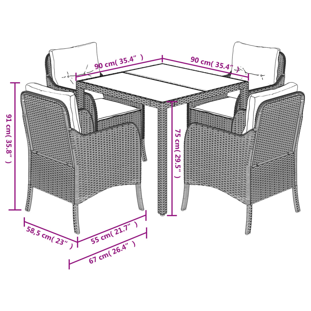 Ensemble à manger de jardin coussins 5pcs Noir Résine tressée
