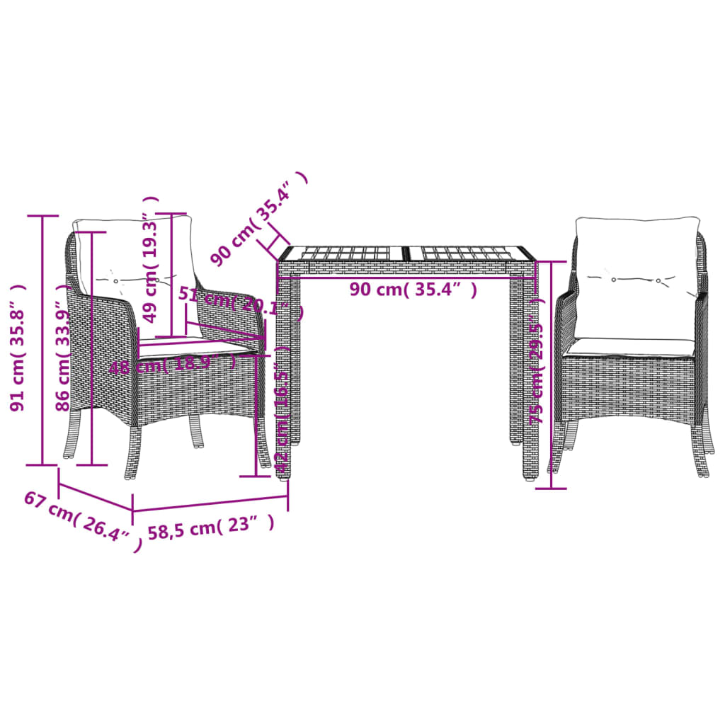 Ensemble à manger de jardin avec coussins 3 pcs Noir