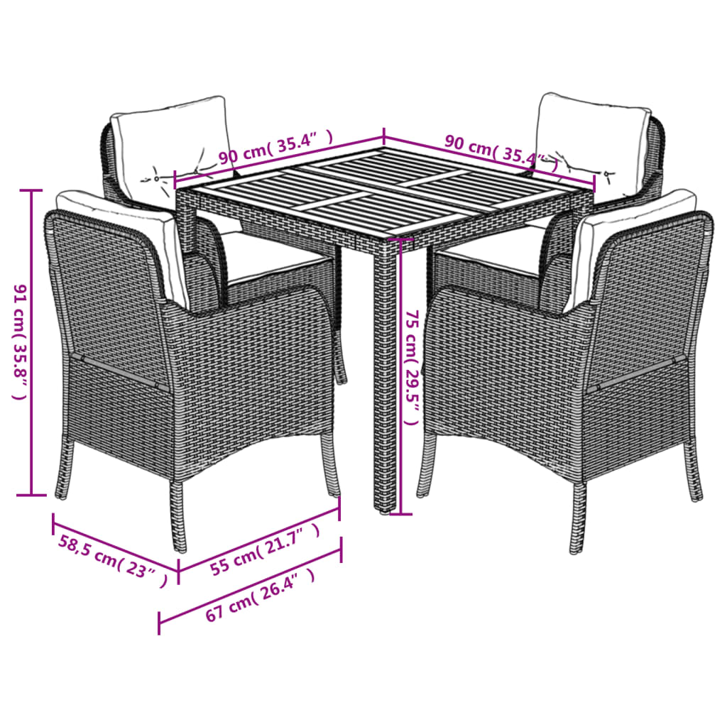 Ensemble à manger de jardin coussins 5pcs Noir Résine tressée