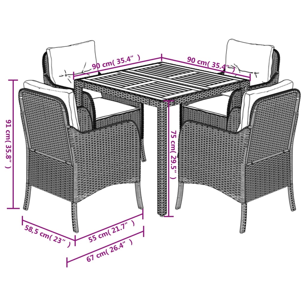 Ensemble à manger de jardin coussins 5pcs Noir Résine tressée