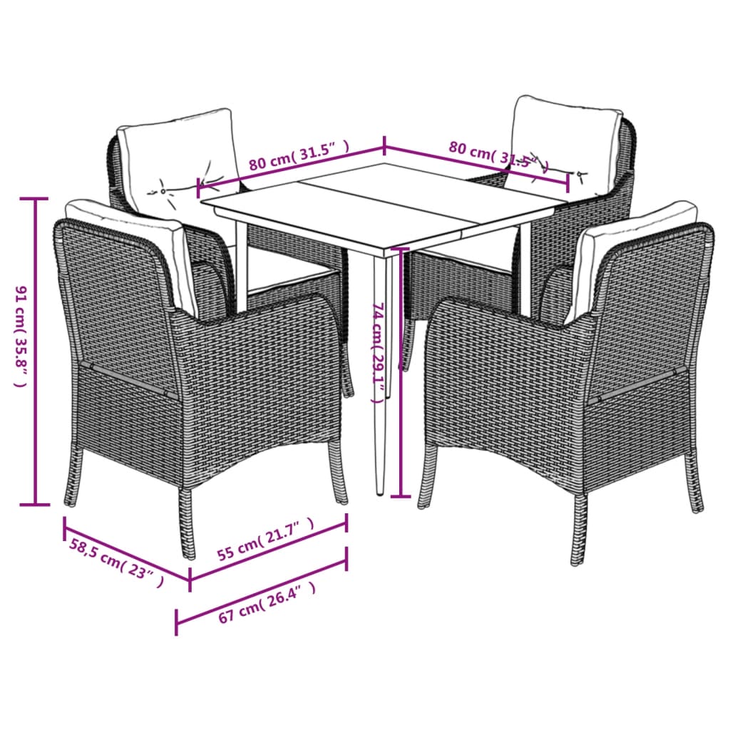 Ensemble à manger de jardin coussins 5pcs Noir Résine tressée