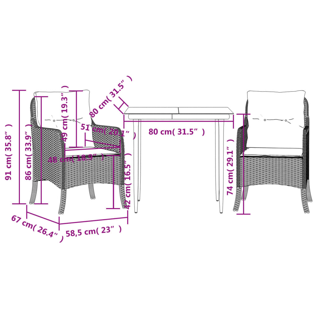 Ensemble à manger de jardin avec coussins 3 pcs Noir