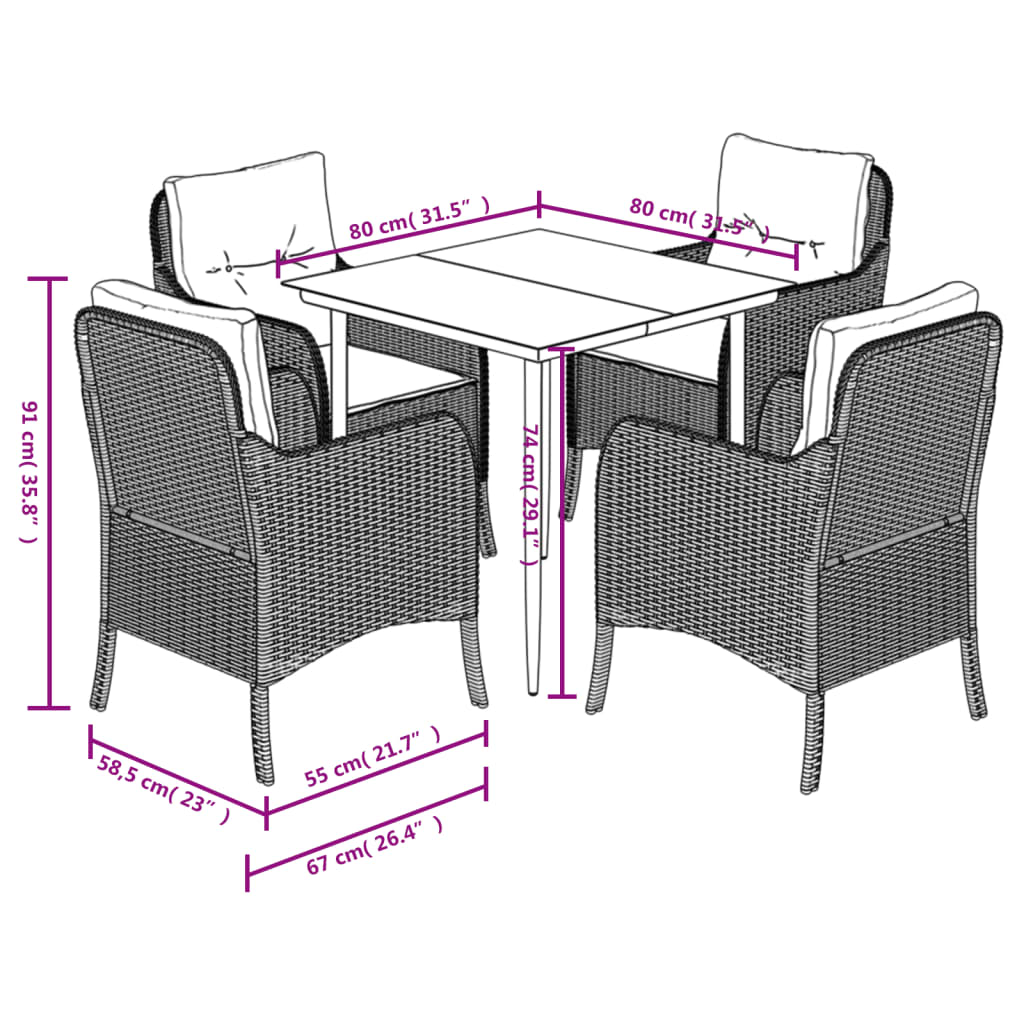 Ensemble à manger de jardin coussins 5pcs Noir Résine tressée
