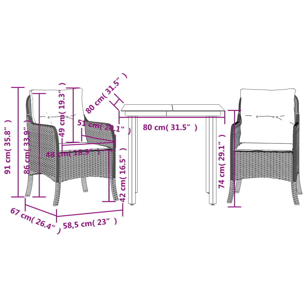 Ensemble à manger de jardin et coussins 3 pcs Beige poly rotin