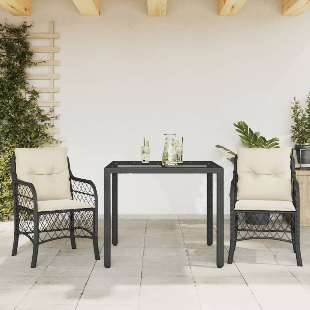 Ensemble de bistro 3 pcs avec coussins noir résine tressée