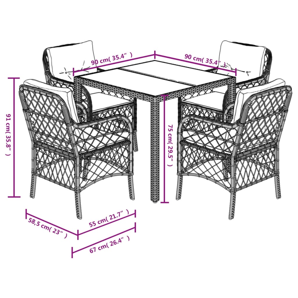 Ensemble à manger de jardin coussins 5pcs Noir Résine tressée