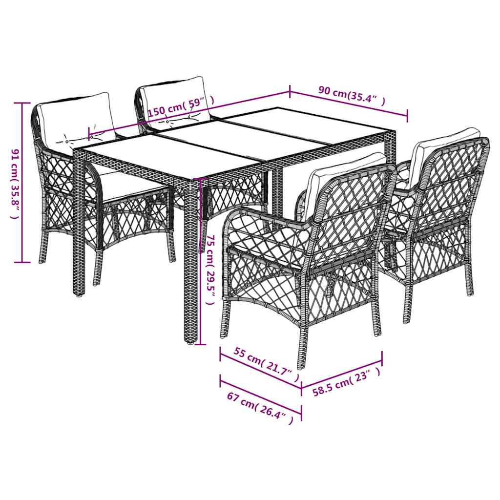 Ensemble à manger de jardin coussins 5pcs Noir Résine tressée