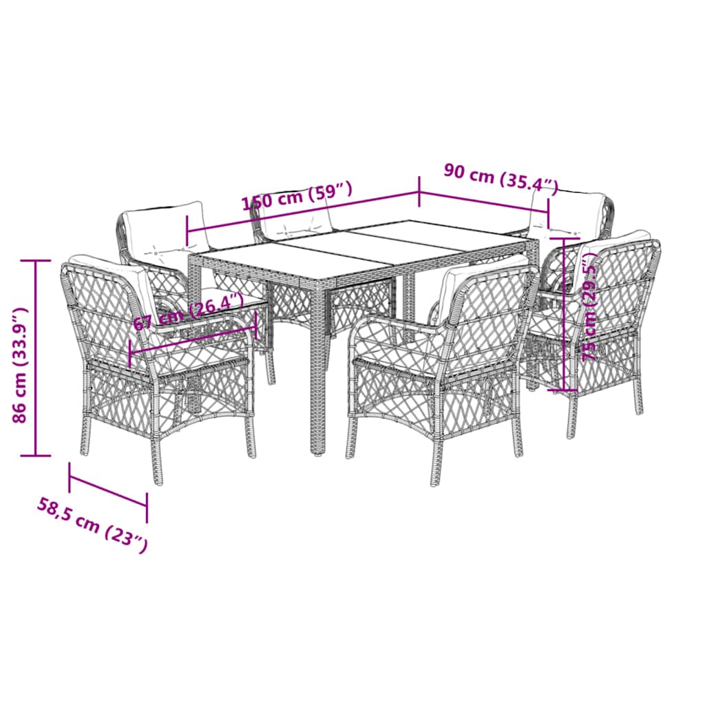 Ensemble à manger de jardin coussins 7pcs Noir Résine tressée