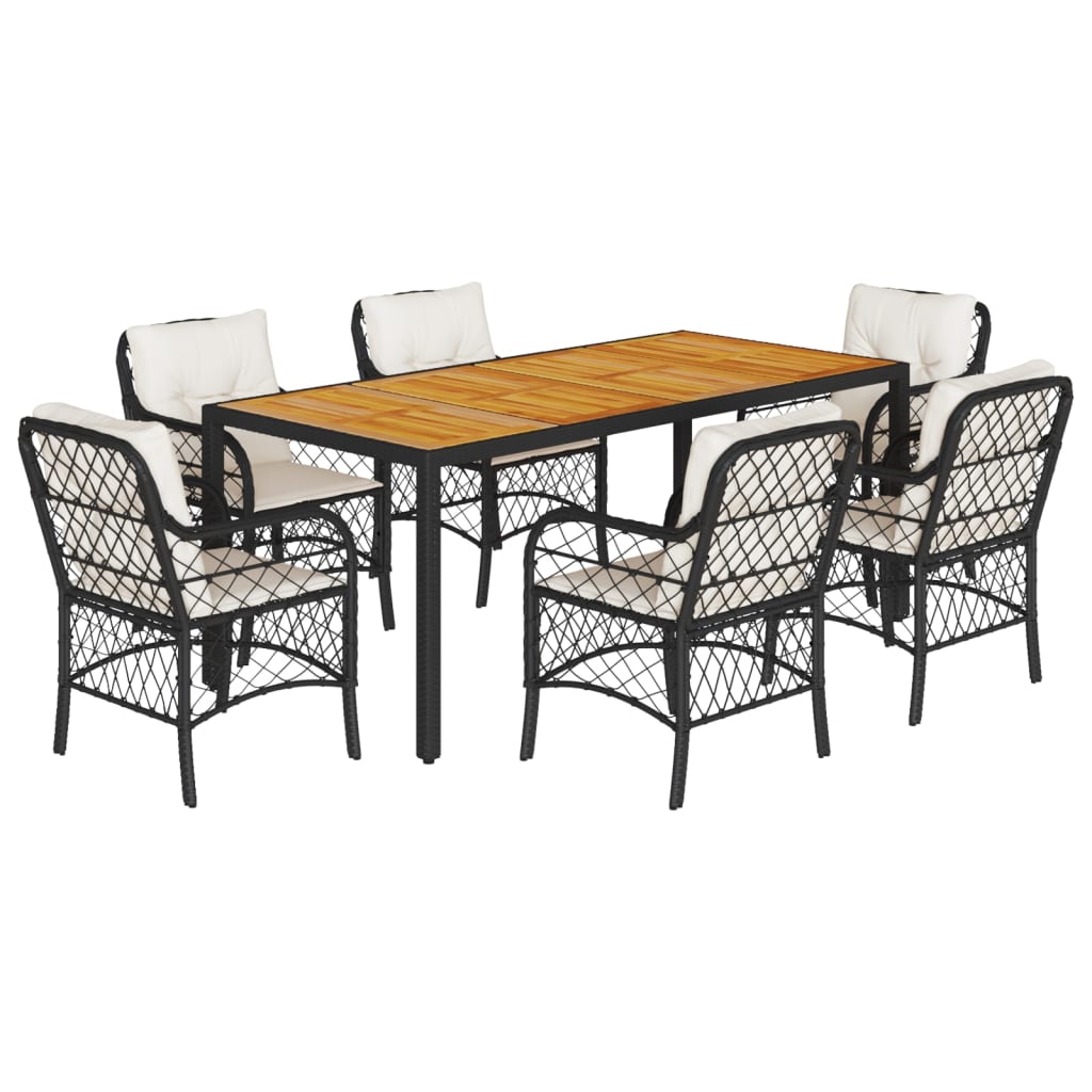 Ensemble à manger de jardin coussins 7pcs Noir Résine tressée