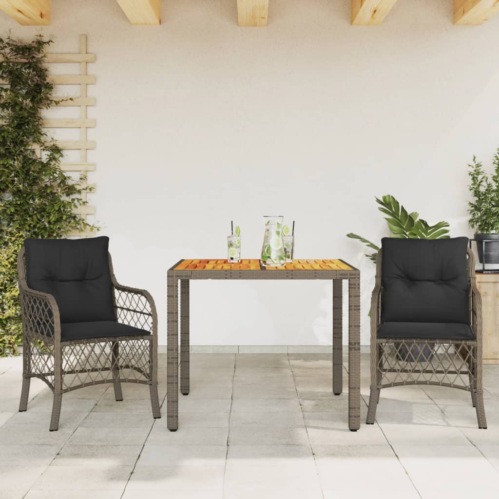 Ensemble de bistro 3 pcs avec coussins gris résine tressée