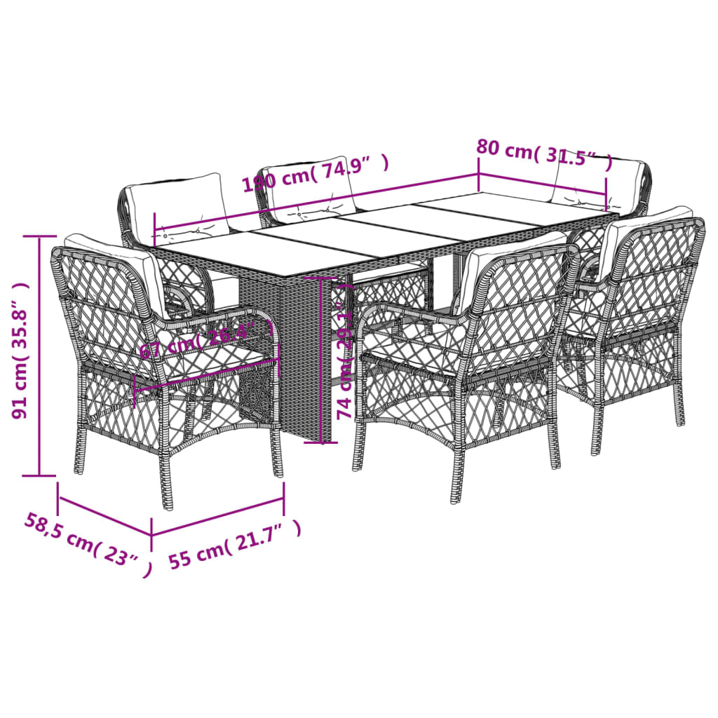 Ensemble à manger de jardin coussins 7pcs Noir Résine tressée