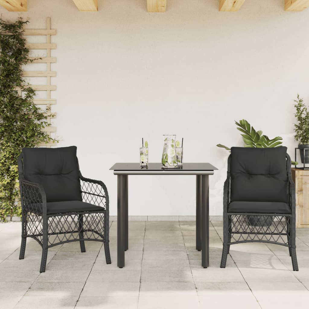 Ensemble de bistro 3 pcs avec coussins noir résine tressée