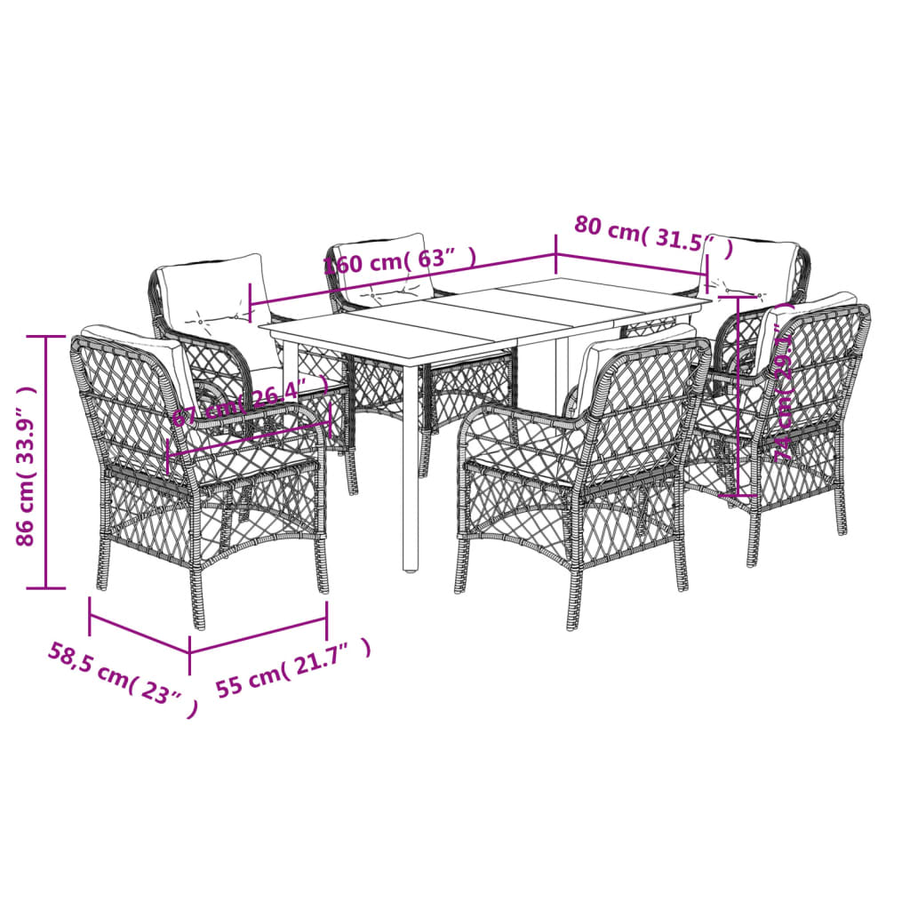 Ensemble à manger de jardin coussins 7pcs Noir Résine tressée