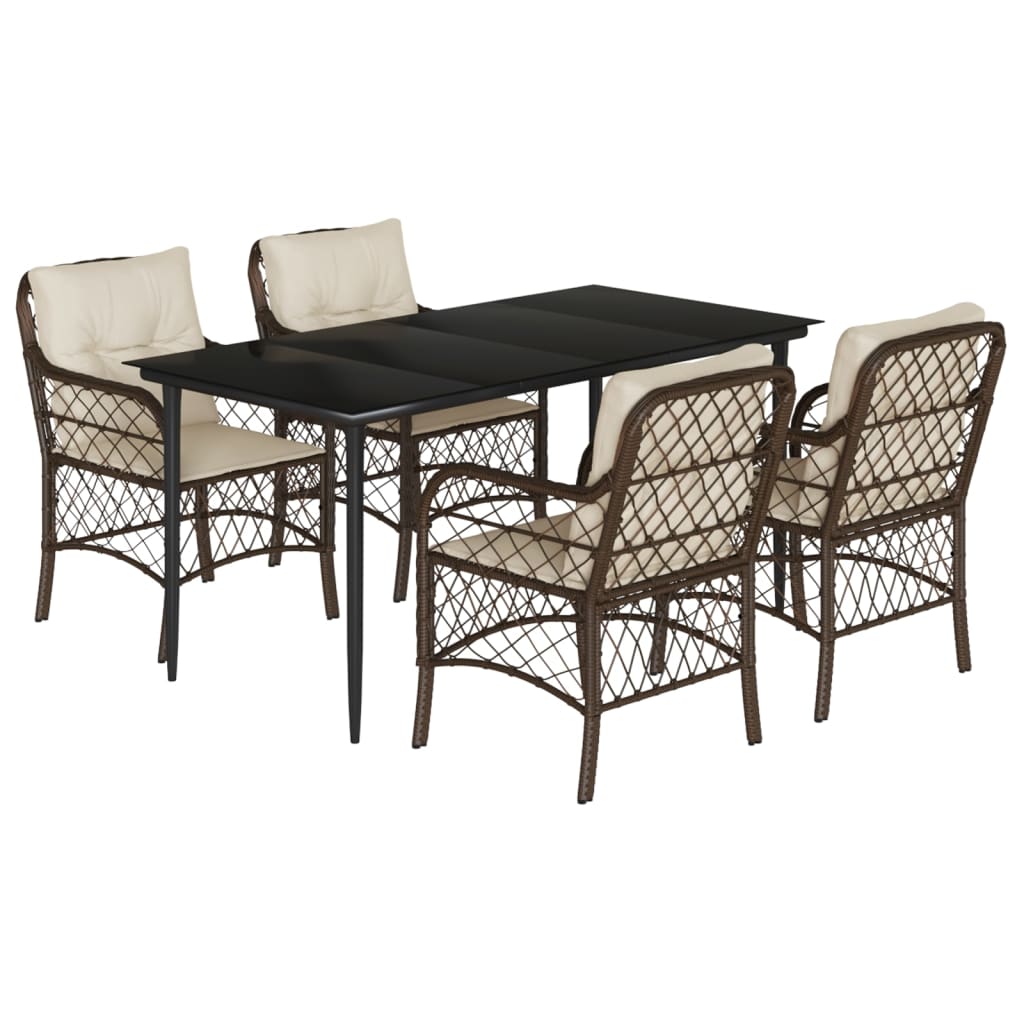 Ensemble à manger de jardin 5 pcs et coussins marron poly rotin