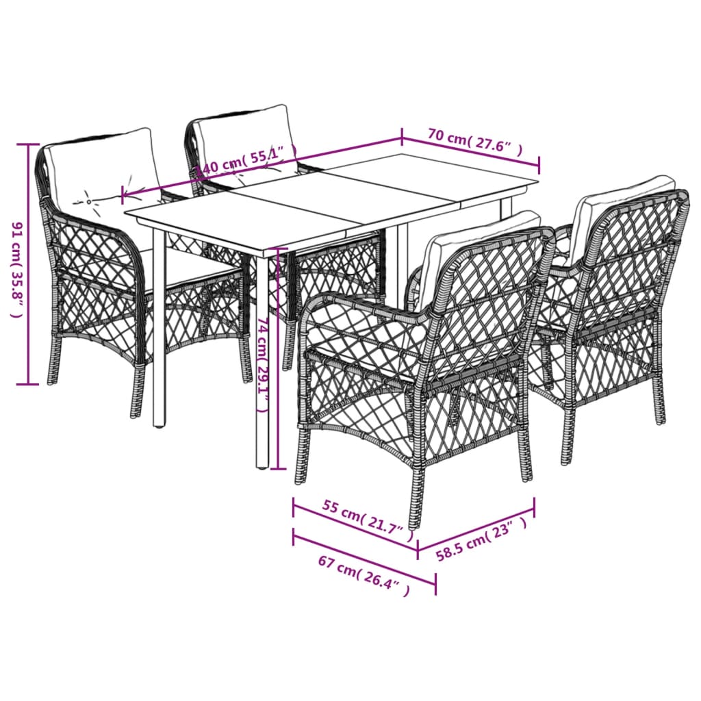 Ensemble à manger de jardin 5 pcs et coussins marron poly rotin