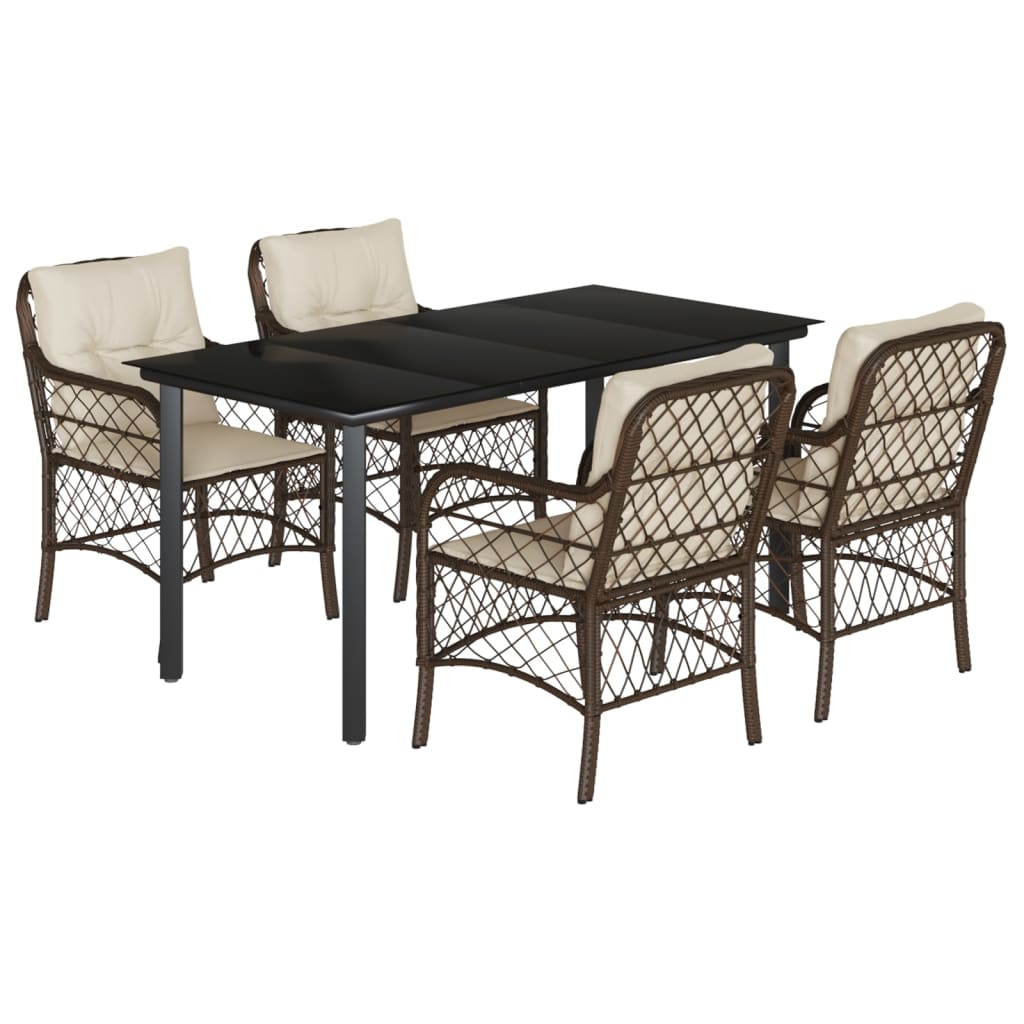 Ensemble à manger de jardin 5 pcs et coussins marron poly rotin