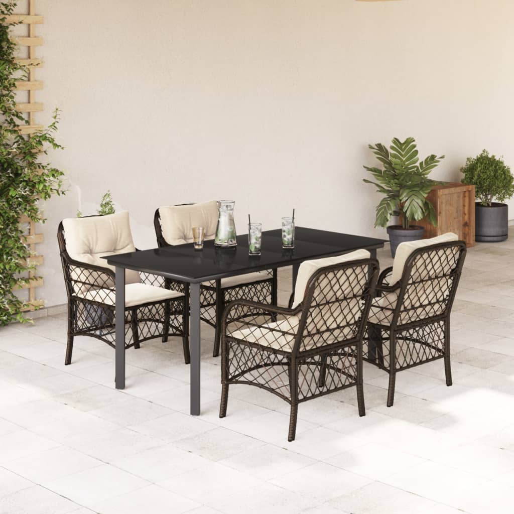Ensemble à manger de jardin 5 pcs et coussins marron poly rotin