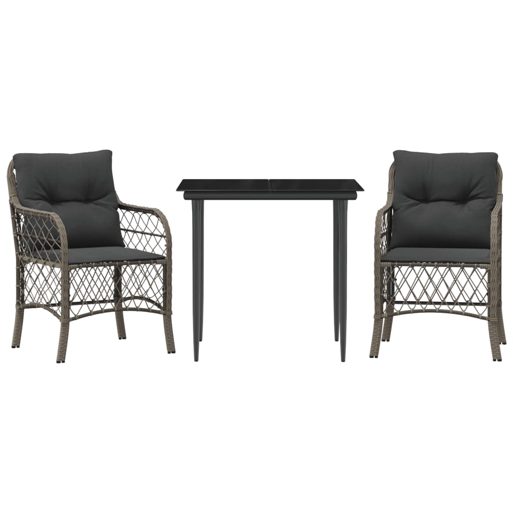 Ensemble de bistro 3 pcs avec coussins gris résine tressée
