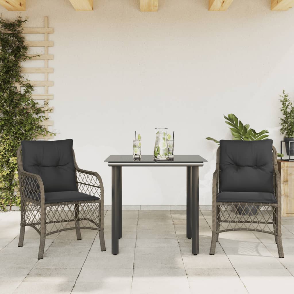 Ensemble de bistro 3 pcs avec coussins gris résine tressée