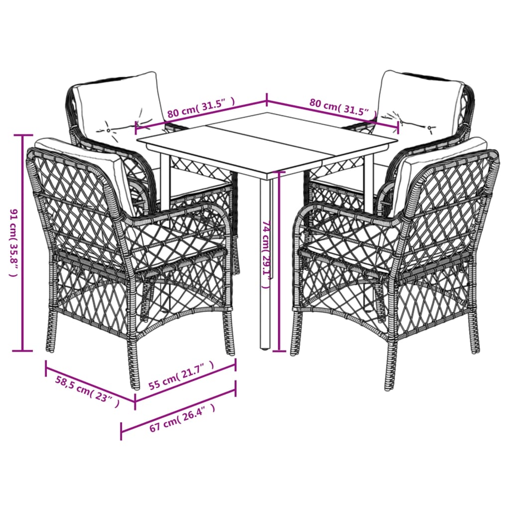 Ensemble à manger de jardin avec coussins 5pcs Beige poly rotin