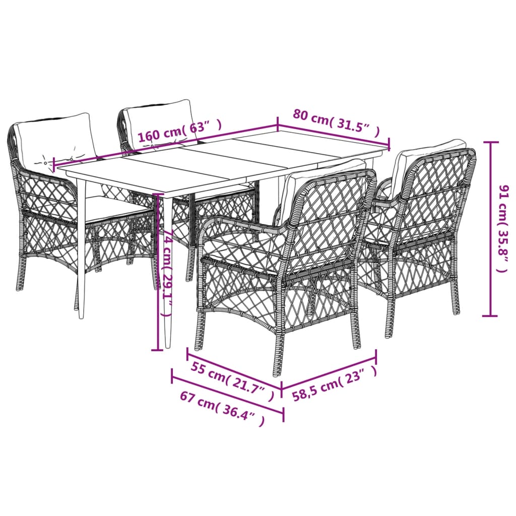 Ensemble à manger de jardin coussins 5 pcs mélange beige rotin