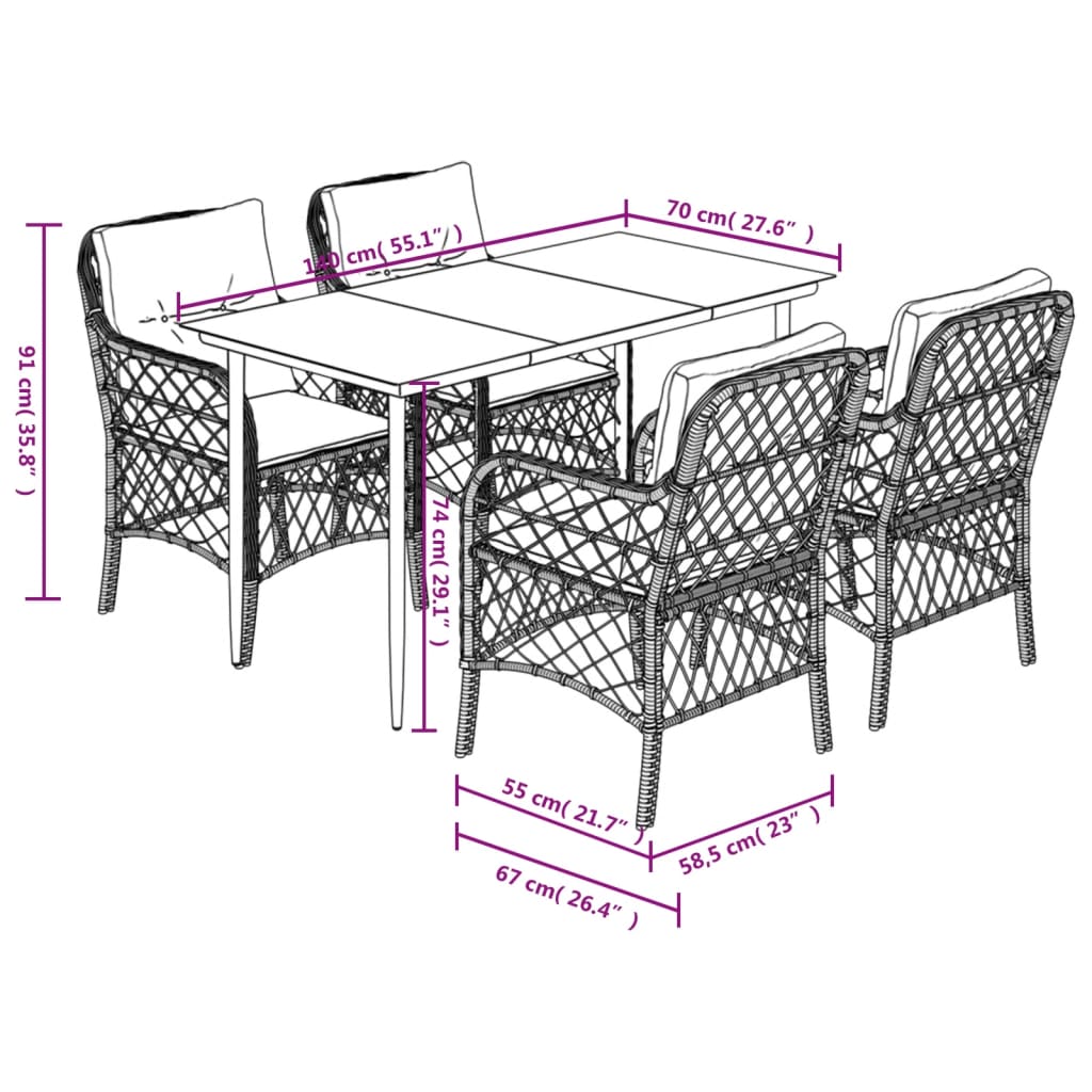 Ensemble à manger de jardin et coussins 5 pcs gris clair rotin