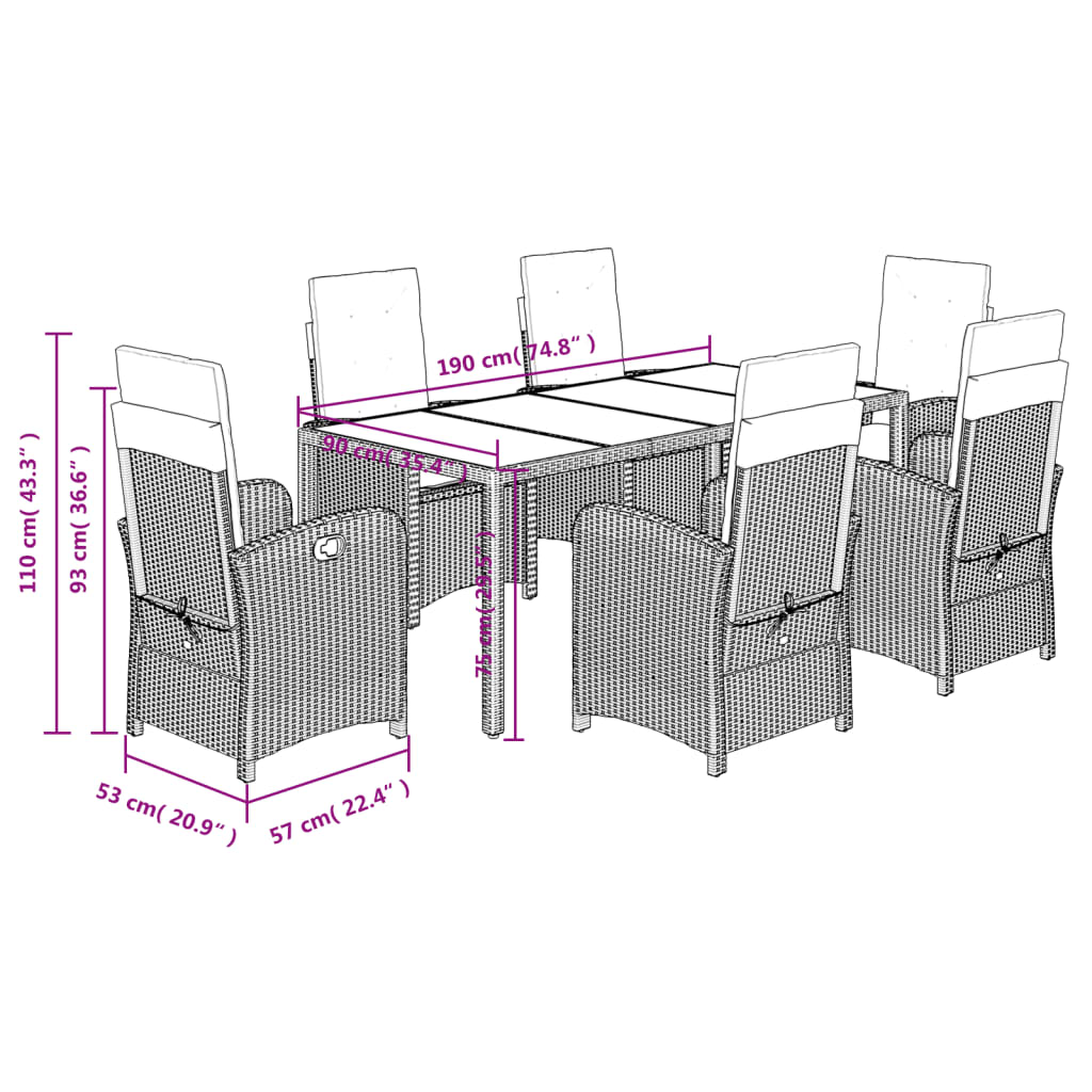Ensemble à manger de jardin coussins 7pcs Noir Résine tressée
