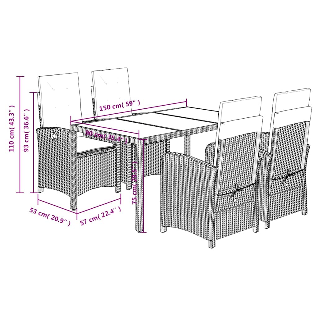 Ensemble à manger de jardin coussins 5pcs Noir Résine tressée