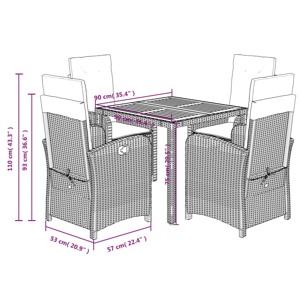 Ensemble à manger de jardin coussins 5pcs Noir Résine tressée