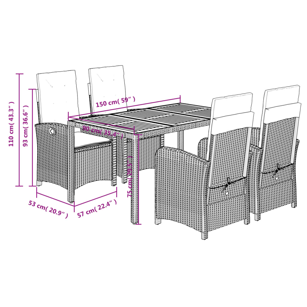 Ensemble à manger de jardin coussins 5pcs Noir Résine tressée
