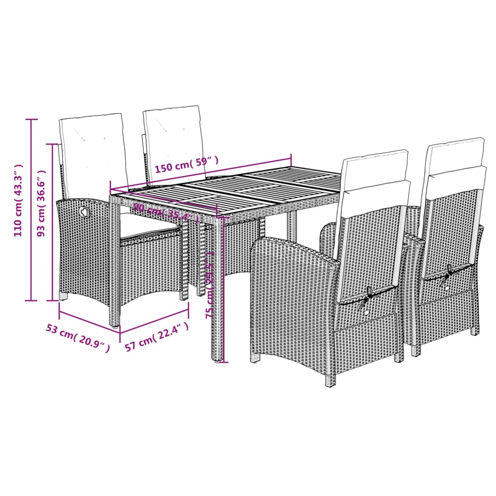 Ensemble à manger de jardin coussins 5pcs Noir Résine tressée