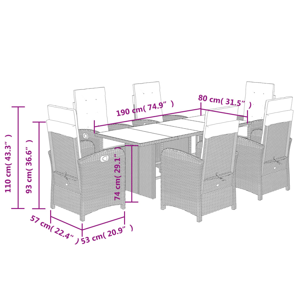 Ensemble à manger de jardin coussins 7pcs Noir Résine tressée