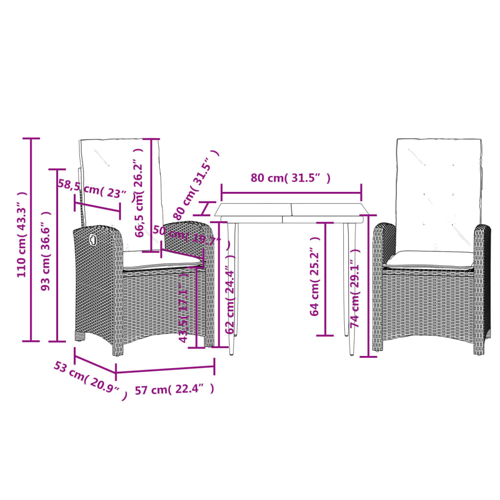 Ensemble à manger de jardin avec coussins 3 pcs Noir