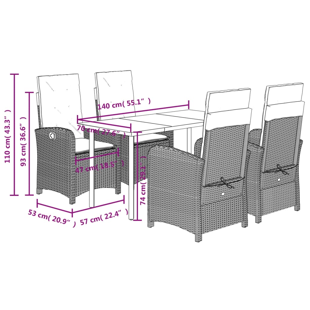 Ensemble à manger de jardin coussins 5pcs Noir Résine tressée