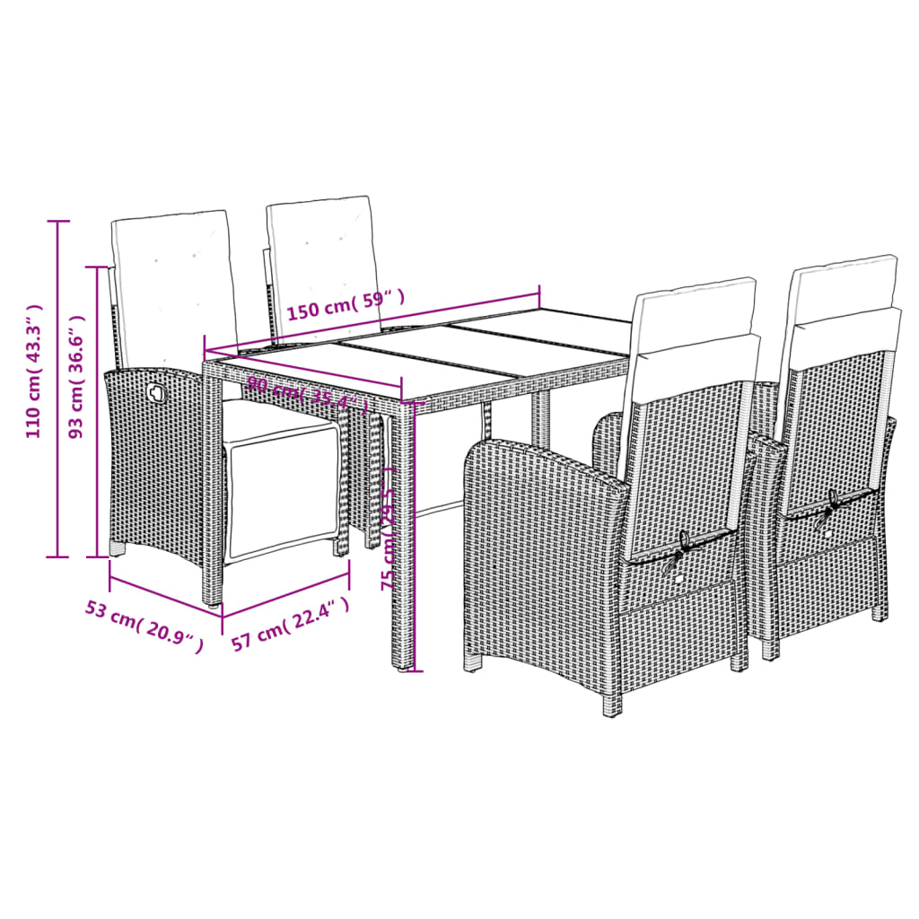 Ensemble à manger de jardin coussins 5pcs Noir Résine tressée