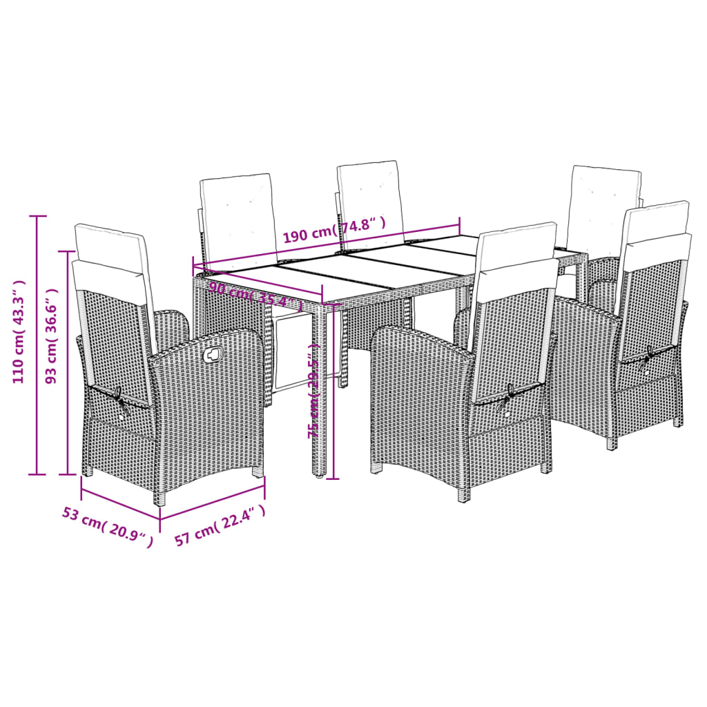 Ensemble à manger de jardin coussins 7pcs Noir Résine tressée