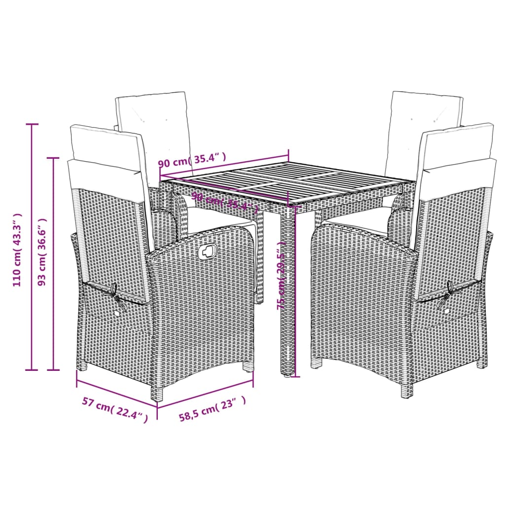 Ensemble à manger de jardin coussins 5pcs Noir Résine tressée
