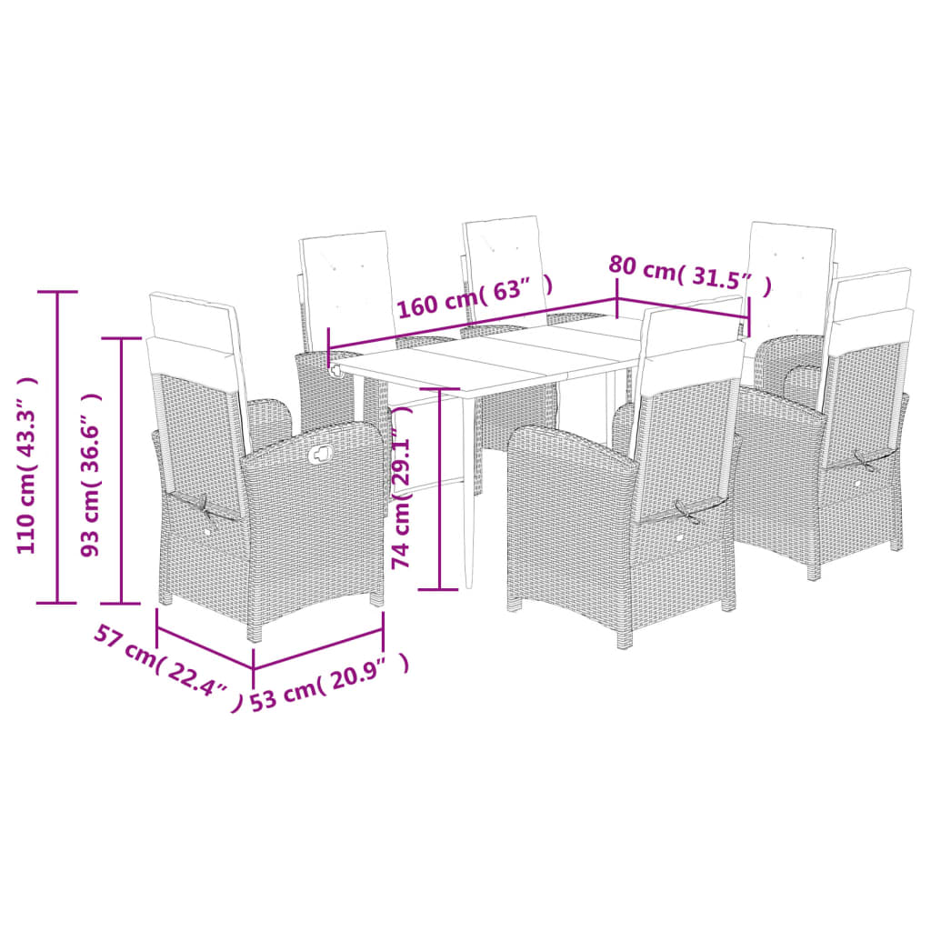 Ensemble à manger de jardin coussins 7pcs Noir Résine tressée