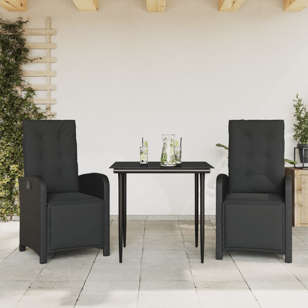 Ensemble de bistro 3 pcs avec coussins noir résine tressée