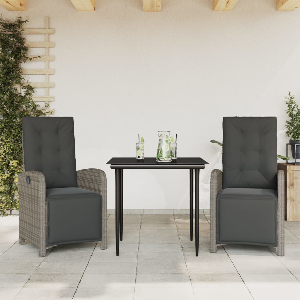 Ensemble de bistro 3 pcs avec coussins gris résine tressée